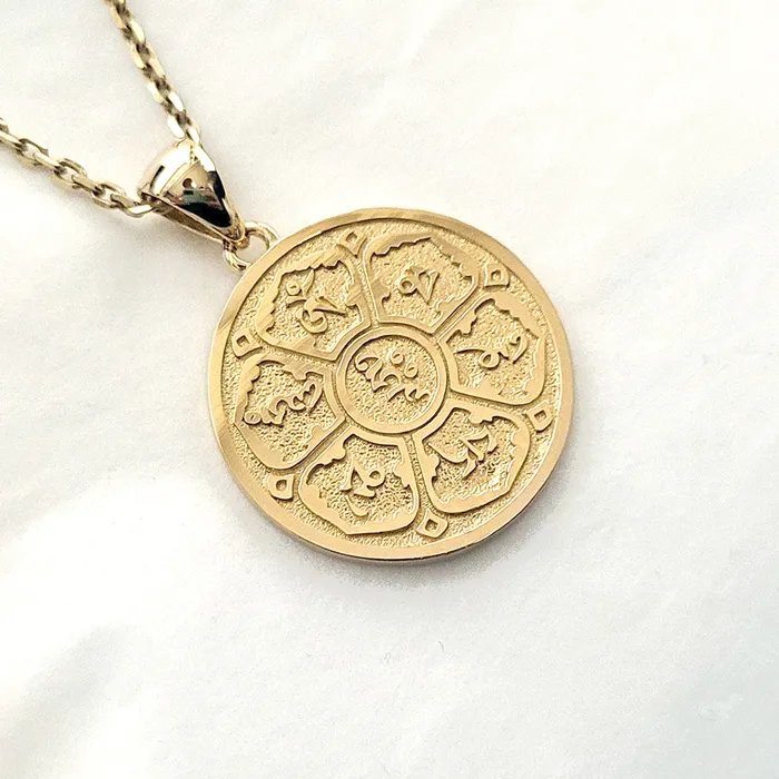 14k 18k gold lotus flower mantra om mani padme hum pendant necklace 2 carre dor Necklaces