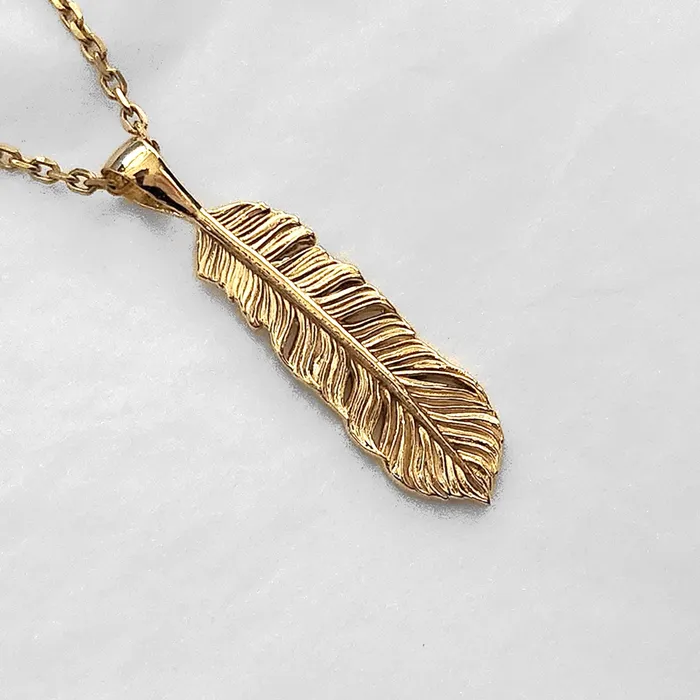 14k 18k gold mens feather pendant necklace 2 Large carre dor Necklaces