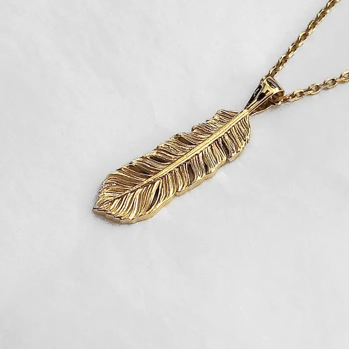 14k 18k gold mens feather pendant necklace 2 Large carre dor Necklaces