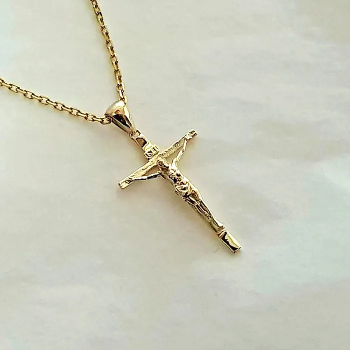14k 18k gold womens crucifix cross pendant necklace 1 S 23mm carre dor Necklaces