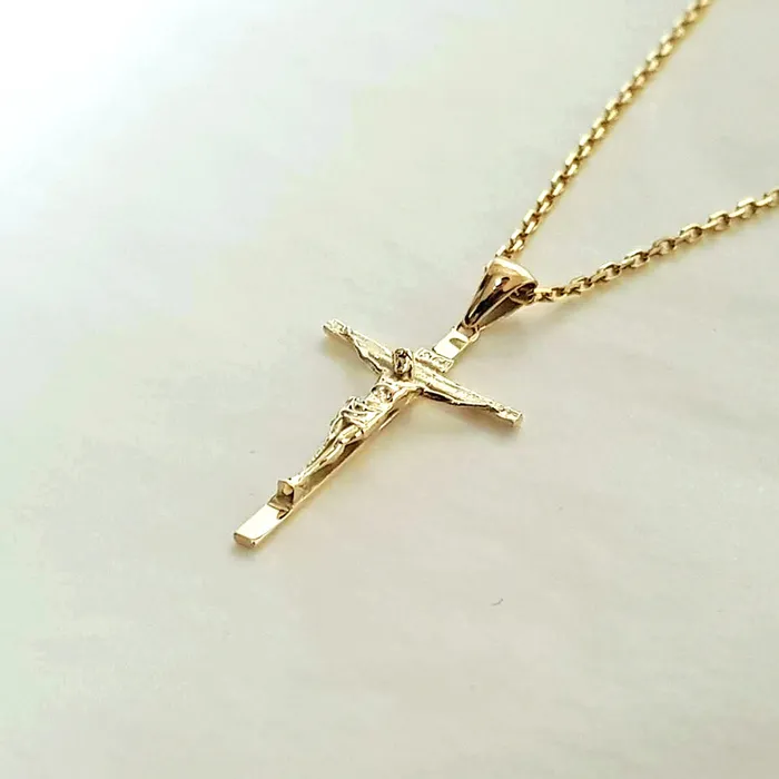 14k 18k gold womens crucifix cross pendant necklace 1 S 23mm carre dor Necklaces