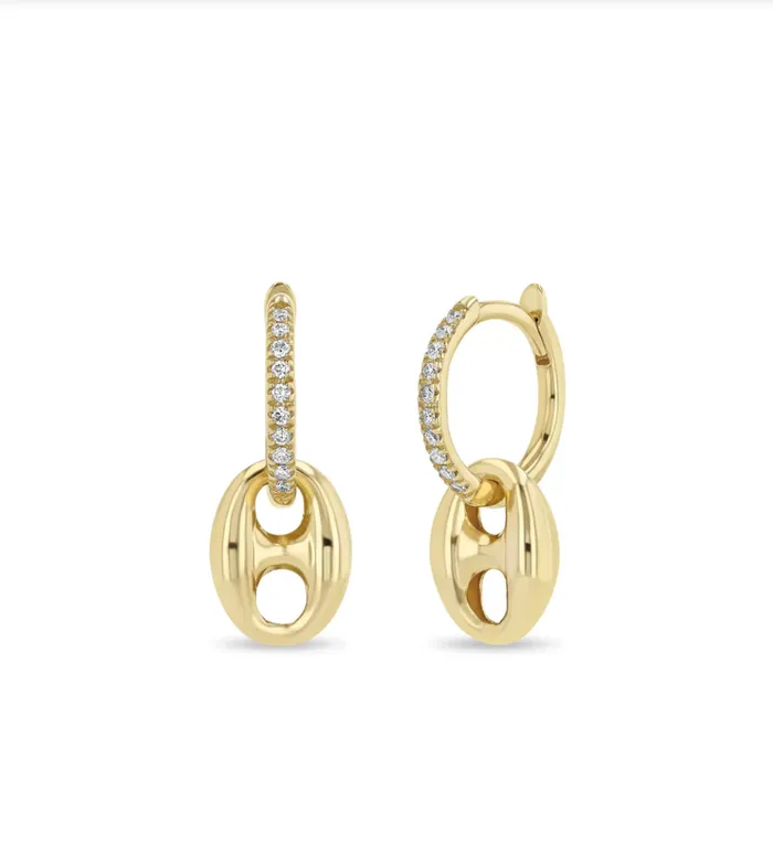 14K DANGLING LARGE MARINER LINK MEDIUM PAV DIAMOND HINGE HUGGIE HOOPS Zo Chicco Earrings