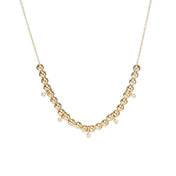14K Gold Chain Necklace with Gold Beads and White Diamonds Zo Chicco Necklaces 14K Gold Chain Necklace with Gold Beads and White Diamonds Zo Chicco Necklaces