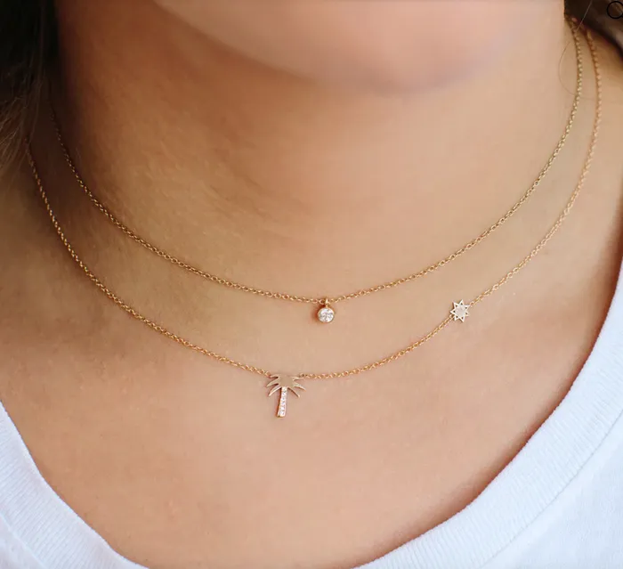 14K MIDI BITTY DIAMOND PALM TREE NECKLACE WITH ITTY BITTY SUN Zo Chicco Necklaces