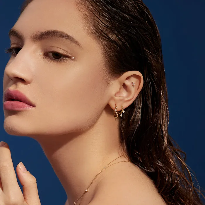 AURELIE GI Earrings LANA Pearl and White Sapphire Curved Huggie Hoops