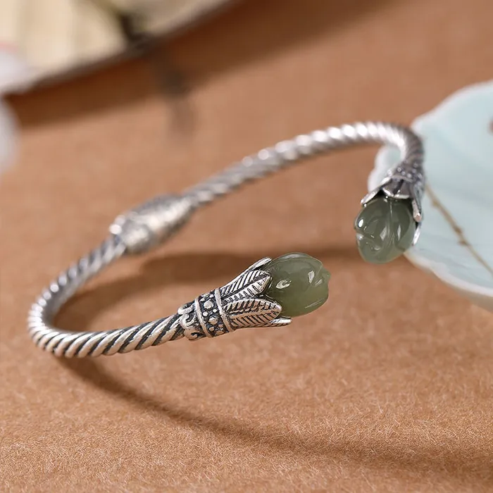 Bracelets Metamorphidi 925 Sterling Silver Gray Hetian Jade Adjustable Bangle Bracelet
