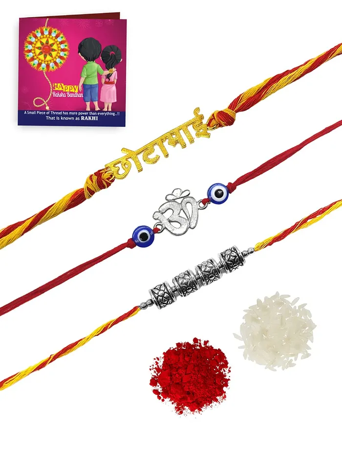 Bracelets Yellow Chimes Handmade Dori Worked Silver Toned OM Bada Bhai and Celtic Design Rakhi Bracelet for Brother with Roli Chawal Red Silver Medium Combo of 3 Pieces for Men Yellow Chimes Bracelets Yellow Chimes Handmade Dori Worked Silver Toned OM Bada Bhai and Celtic Design Rakhi Bracelet for Brother with Roli Chawal Red Silver Medium Combo of 3 Pieces for Men Yellow Chimes