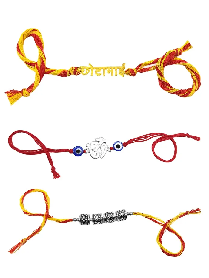 Bracelets Yellow Chimes Handmade Dori Worked Silver Toned OM Bada Bhai and Celtic Design Rakhi Bracelet for Brother with Roli Chawal Red Silver Medium Combo of 3 Pieces for Men Yellow Chimes