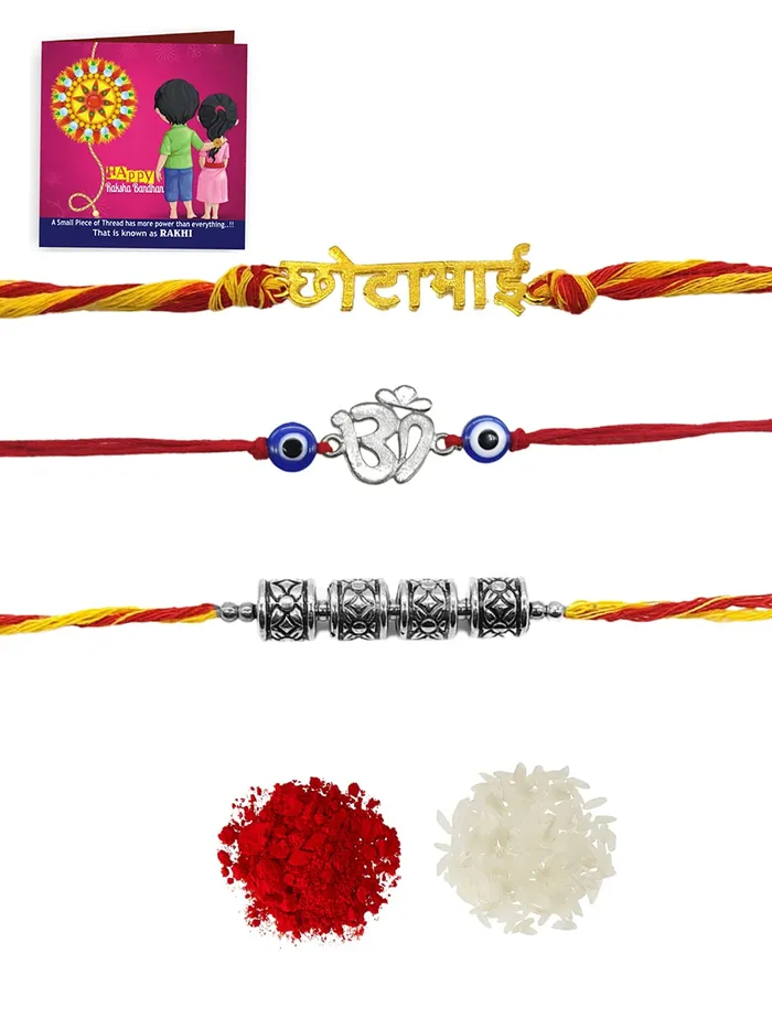 Bracelets Yellow Chimes Handmade Dori Worked Silver Toned OM Bada Bhai and Celtic Design Rakhi Bracelet for Brother with Roli Chawal Red Silver Medium Combo of 3 Pieces for Men Yellow Chimes
