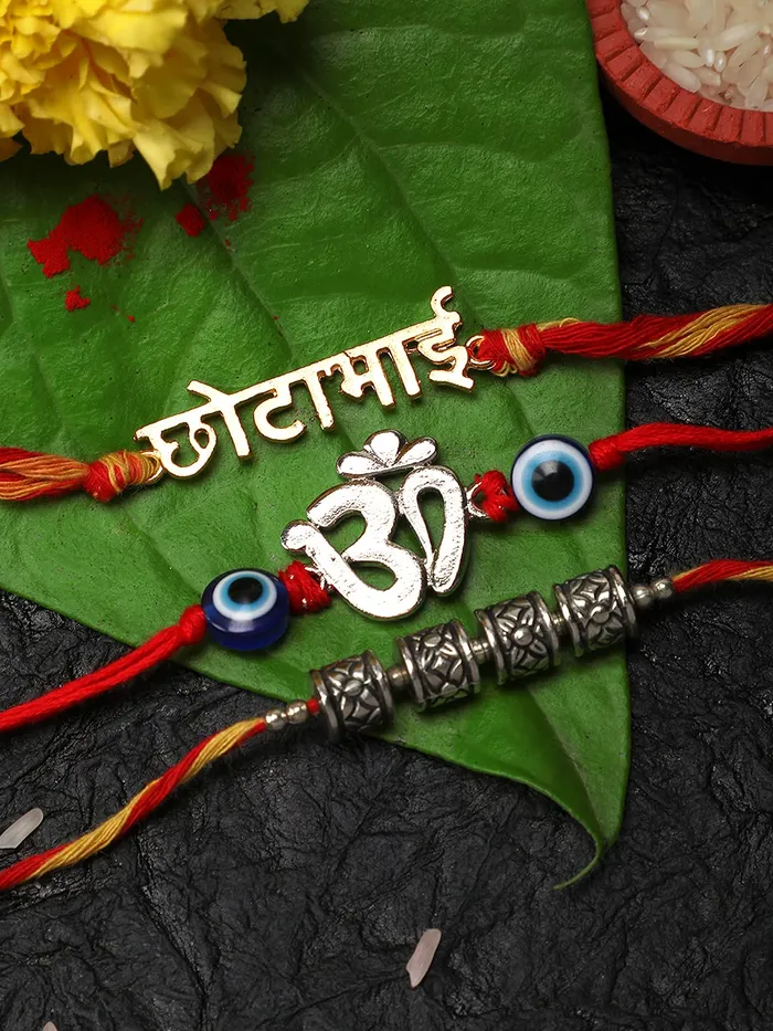 Bracelets Yellow Chimes Handmade Dori Worked Silver Toned OM Bada Bhai and Celtic Design Rakhi Bracelet for Brother with Roli Chawal Red Silver Medium Combo of 3 Pieces for Men Yellow Chimes