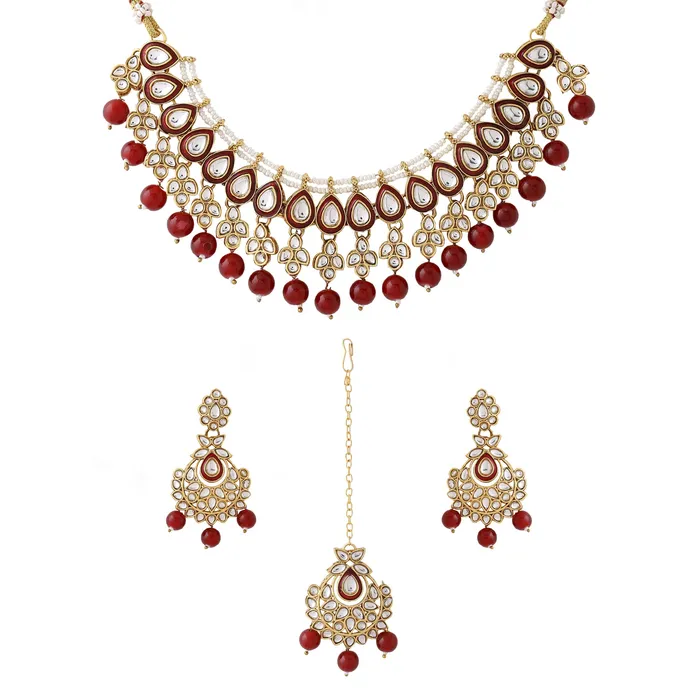 Bracelets Yellow Chimes Jewellery Set for Women and Girls Kundan Necklace Set Gold Plated Kundan Studded Red Beads Drop Necklace Set Birthday Gift for girls and women Anniversary Gift for Wife Yellow Chimes