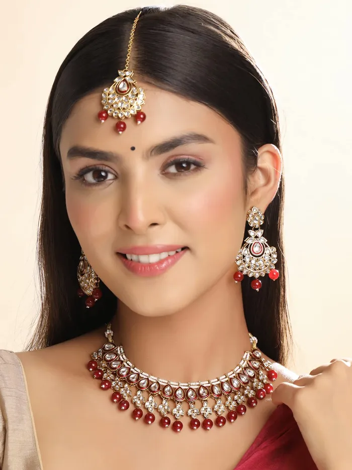 Bracelets Yellow Chimes Jewellery Set for Women and Girls Kundan Necklace Set Gold Plated Kundan Studded Red Beads Drop Necklace Set Birthday Gift for girls and women Anniversary Gift for Wife Yellow Chimes