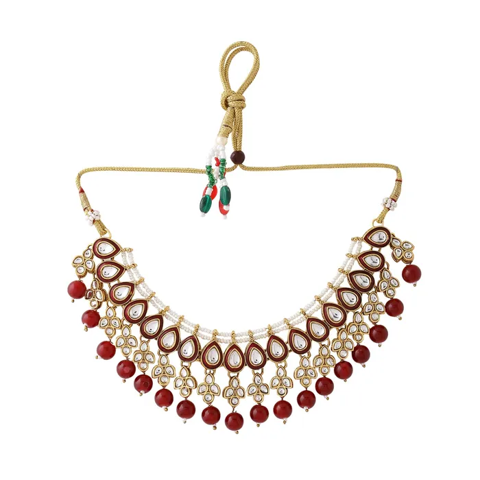 Bracelets Yellow Chimes Jewellery Set for Women and Girls Kundan Necklace Set Gold Plated Kundan Studded Red Beads Drop Necklace Set Birthday Gift for girls and women Anniversary Gift for Wife Yellow Chimes