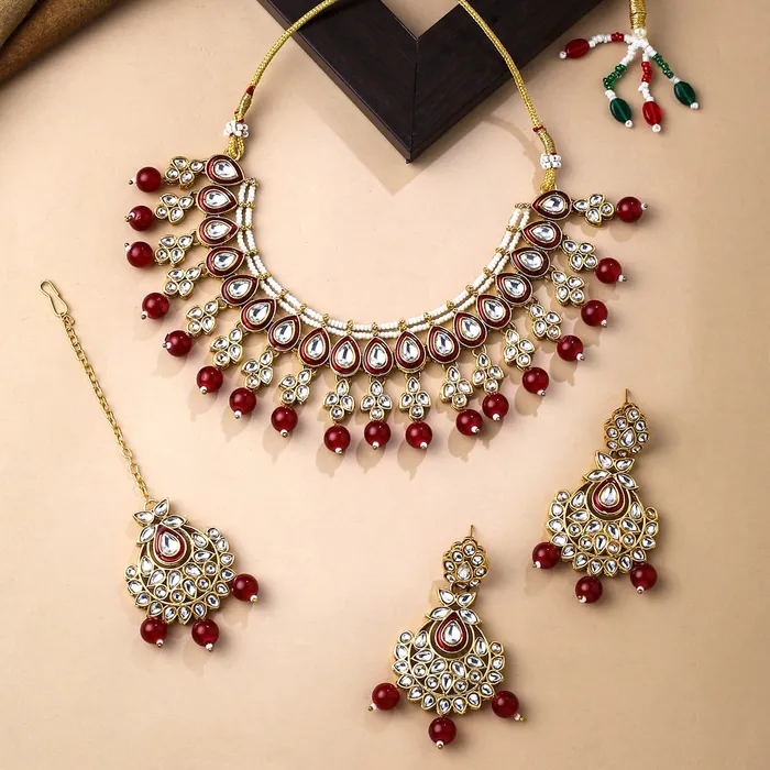 Bracelets Yellow Chimes Jewellery Set for Women and Girls Kundan Necklace Set Gold Plated Kundan Studded Red Beads Drop Necklace Set Birthday Gift for girls and women Anniversary Gift for Wife Yellow Chimes