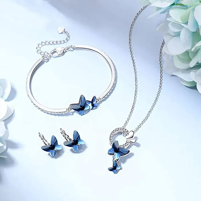 Bracelets Yellow Chimes Pendant Set for Women and Girls Blue Crystal Pendant Set Silver Tone Butterfly Pendant With Earrings Bracelet Set Birthday Anniversary Gift for Wife Valentine Gift for Girls Yellow Chimes