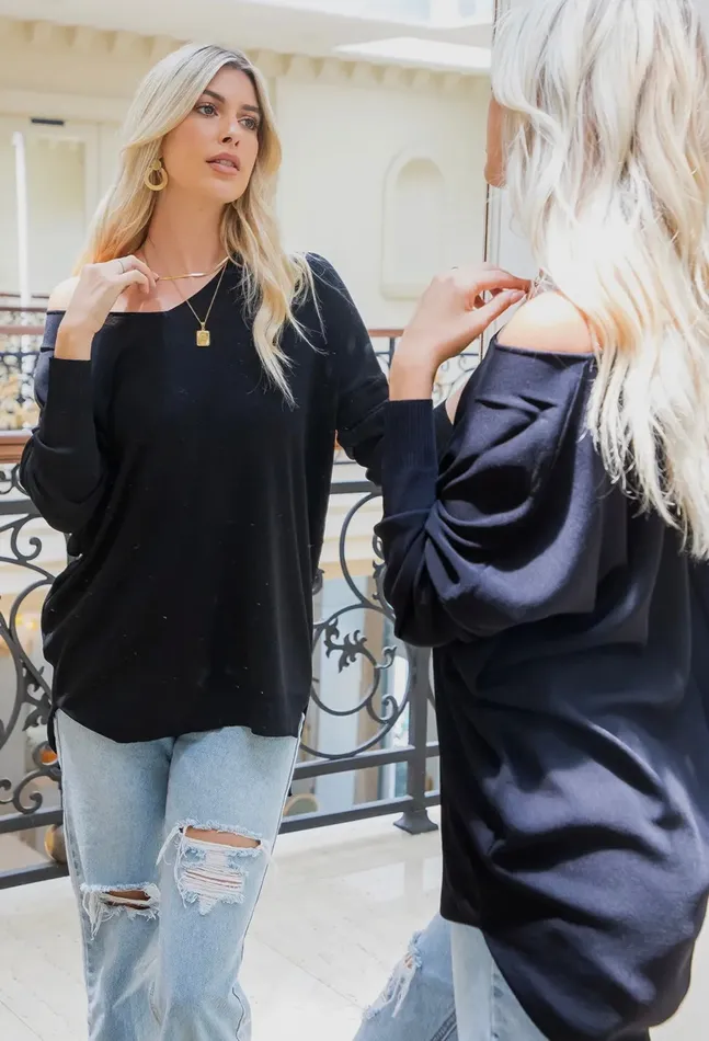 Casual Knit Pullover VNeck Top Black Sweet Lovely By Jen Rings