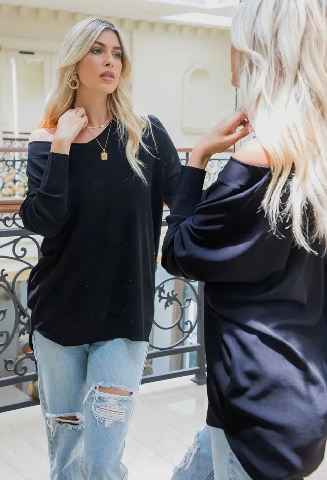 Casual Knit Pullover VNeck Top Black Sweet Lovely By Jen Rings