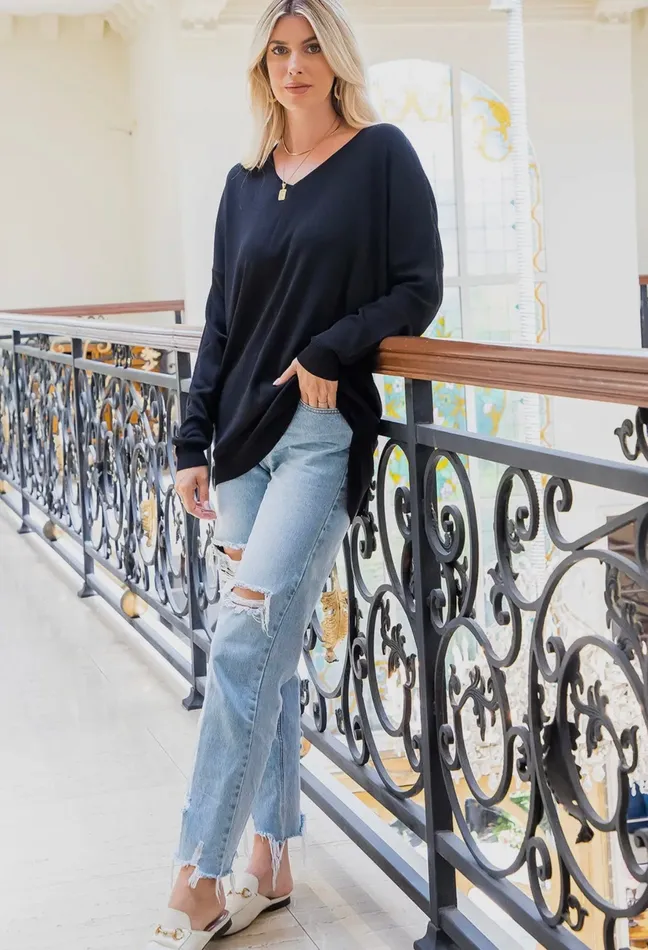 Casual Knit Pullover VNeck Top Black Sweet Lovely By Jen Rings