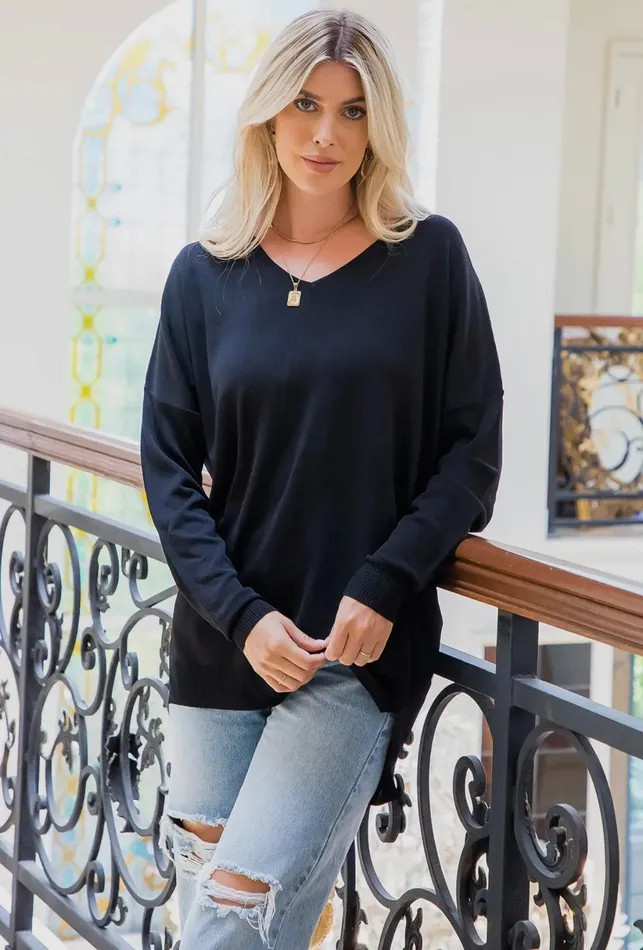 Casual Knit Pullover VNeck Top Black Sweet Lovely By Jen Rings