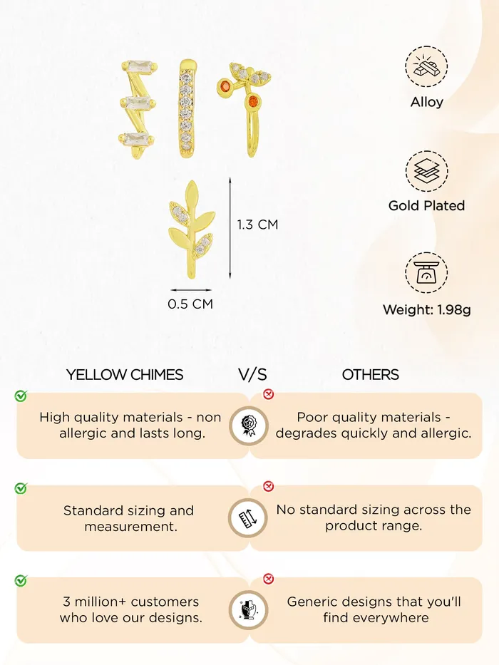 Combo 4 Elegant GoldPlated Leaf Shaped Nose Pins for Women NonPiercing GiftReady Yellow Chimes Bracelets