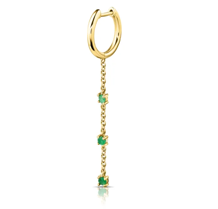 Earrings Isa Grutman HUGGIE WITH EMERALD CHAIN DROP