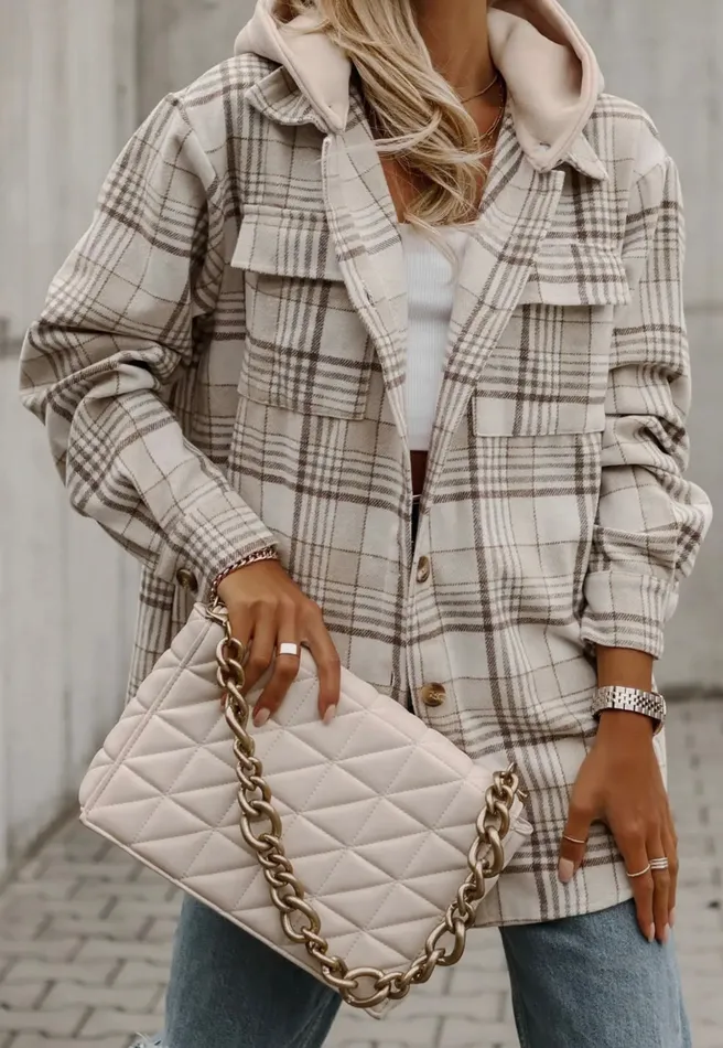 Earrings Lalaloo Removable Hood Plaid Shacket Khaki