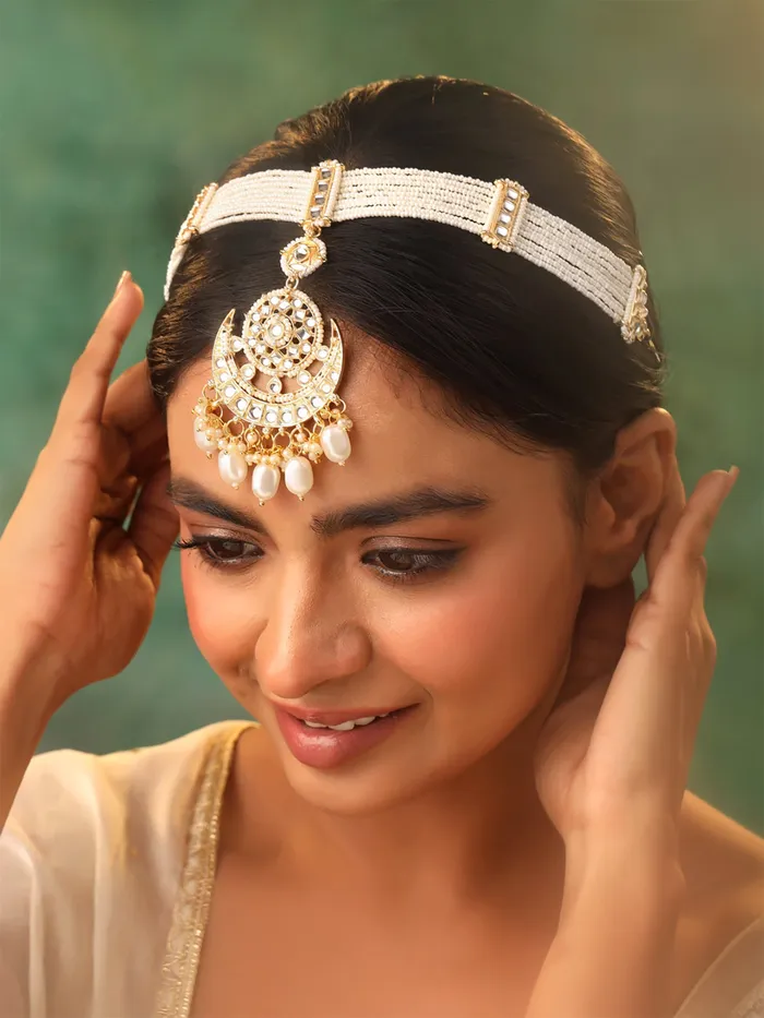 Earrings Matha Patti Kundan Head Chain for Women 262 cm Gold Traditional Bridal Hair Accessory Yellow Chimes
