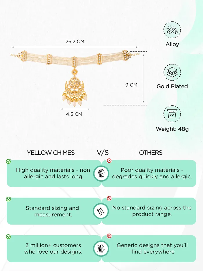 Earrings Matha Patti Kundan Head Chain for Women 262 cm Gold Traditional Bridal Hair Accessory Yellow Chimes