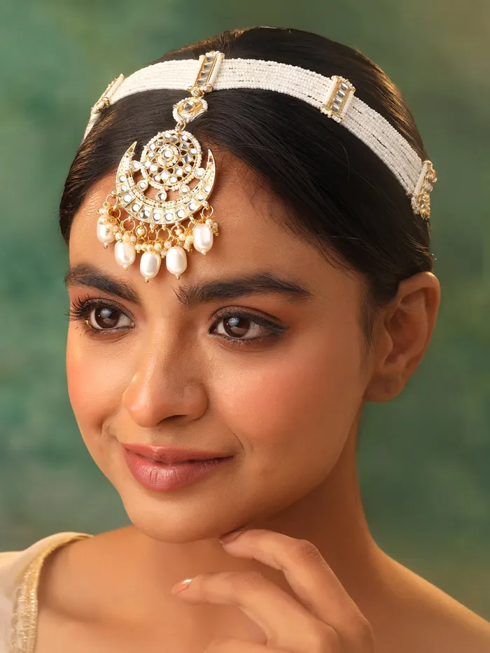 Earrings Matha Patti Kundan Head Chain for Women 262 cm Gold Traditional Bridal Hair Accessory Yellow Chimes