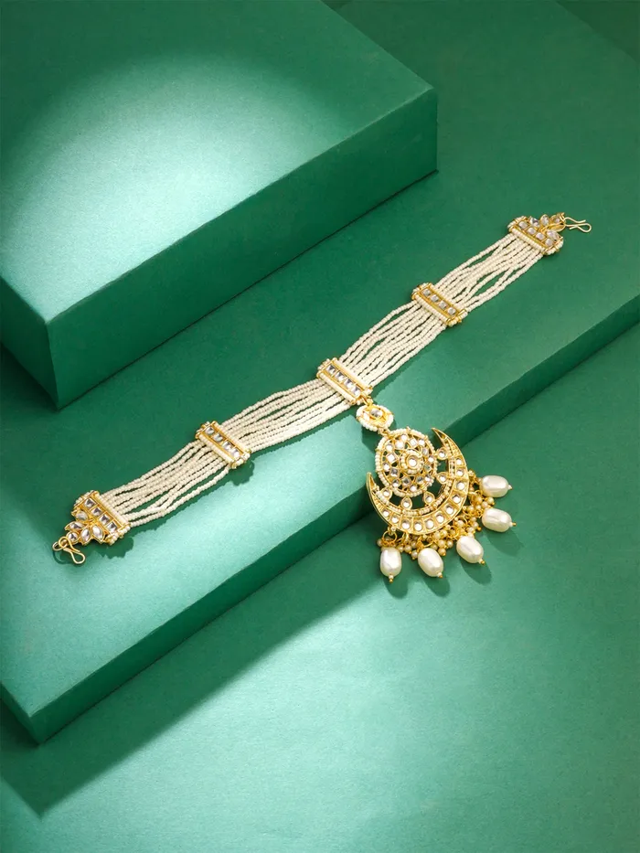 Earrings Matha Patti Kundan Head Chain for Women 262 cm Gold Traditional Bridal Hair Accessory Yellow Chimes