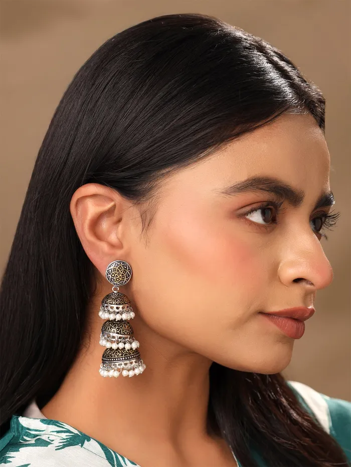 Earrings Silver Oxidised Long Jhumka Earrings Elegant Design 72 cm Oxidised Silver Yellow Chimes