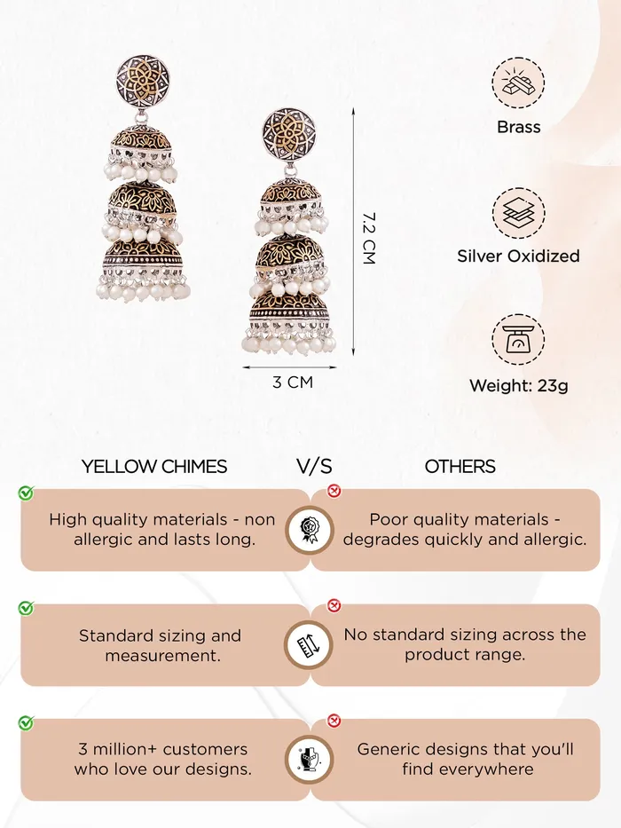 Earrings Silver Oxidised Long Jhumka Earrings Elegant Design 72 cm Oxidised Silver Yellow Chimes