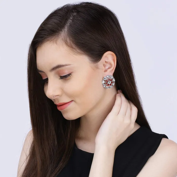 Earrings Yellow Chimes Antique Handmade Design Floral Theme Meenakari Touch Kundan Studded Oxidised Silver Stud Earrings for Women and Girls Black Yellow Chimes
