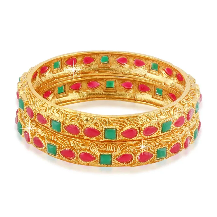 Earrings Yellow Chimes Classic Design Studded Stones 2 PCs Traditional Gold Plated Bracelet Bangles Set for Women and Girls 24 Yellow Chimes