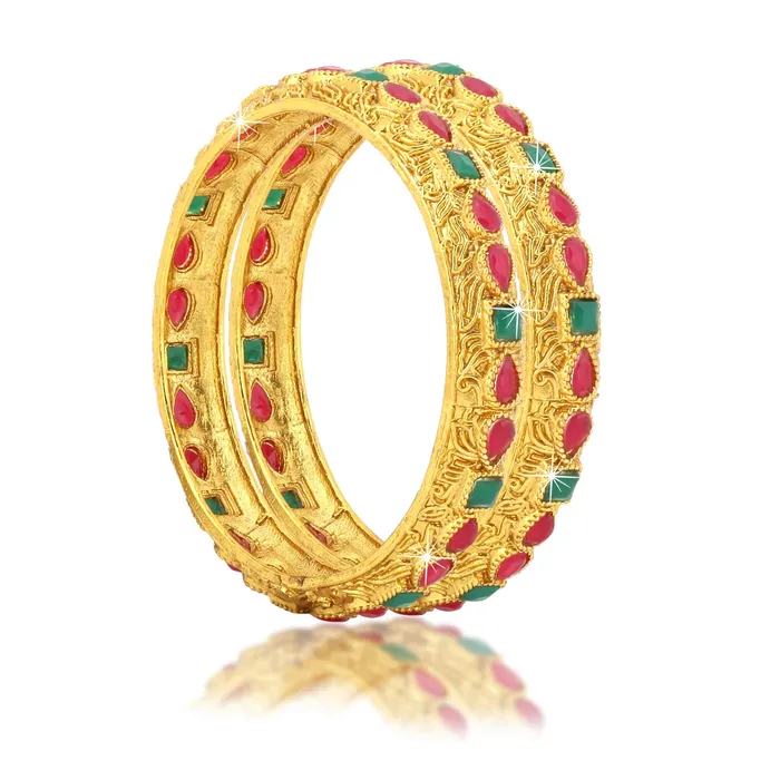 Earrings Yellow Chimes Classic Design Studded Stones 2 PCs Traditional Gold Plated Bracelet Bangles Set for Women and Girls 24 Yellow Chimes