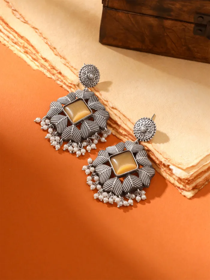 Earrings Yellow Chimes Copper Oxidised Dangler Earrings Silver Plated Design with Yellow Stone Elegant Gift 68 cm