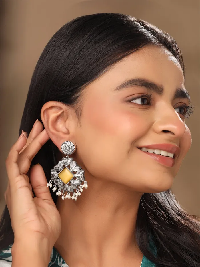 Earrings Yellow Chimes Copper Oxidised Dangler Earrings Silver Plated Design with Yellow Stone Elegant Gift 68 cm