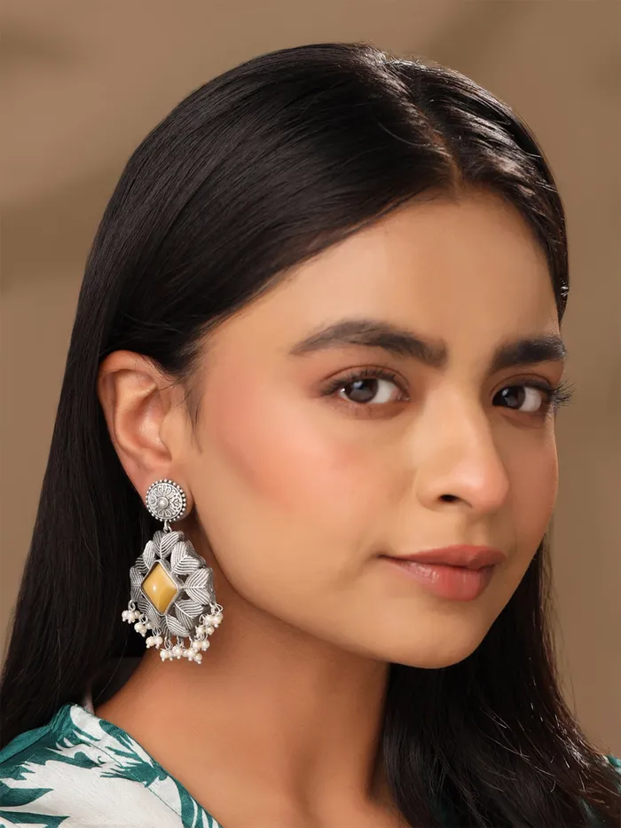 Earrings Yellow Chimes Copper Oxidised Dangler Earrings Silver Plated Design with Yellow Stone Elegant Gift 68 cm