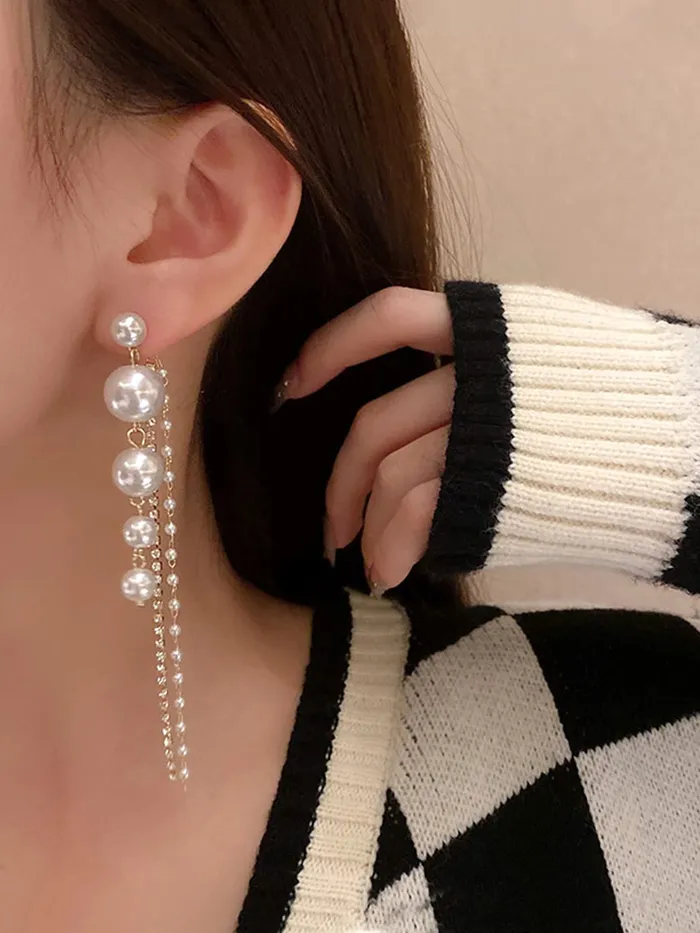 Earrings Yellow Chimes Earrings for Women and Girls Fashion White Pearl Dangler Earrings Gold Plated Long Chain Hanging Pearl Dangler Earrings Birthday Gift for Girls Women Yellow Chimes
