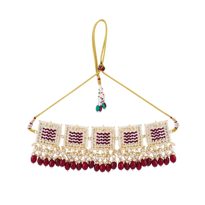 Earrings Yellow Chimes Jewellery Set for Women and Girls Kundan Necklace Set Gold Plated Maroon Beads Drop Kundan Choker Necklace Set Birthday Gift for girls and women Anniversary Gift for Wife Yellow Chimes