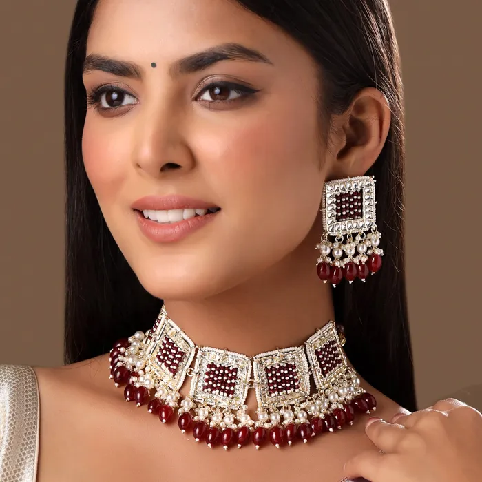 Earrings Yellow Chimes Jewellery Set for Women and Girls Kundan Necklace Set Gold Plated Maroon Beads Drop Kundan Choker Necklace Set Birthday Gift for girls and women Anniversary Gift for Wife Yellow Chimes