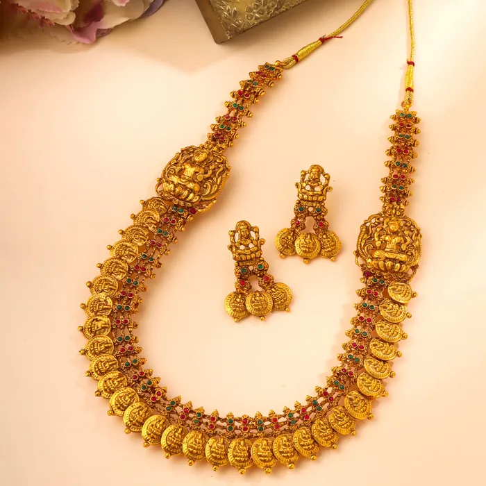 Earrings Yellow Chimes Jewellery Set for Women and Girls Temple Jewellery Set Gold Plated Coin Designed Temple Jewellery Set Birthday Gift for girls and women Anniversary Gift for Wife Yellow Chimes