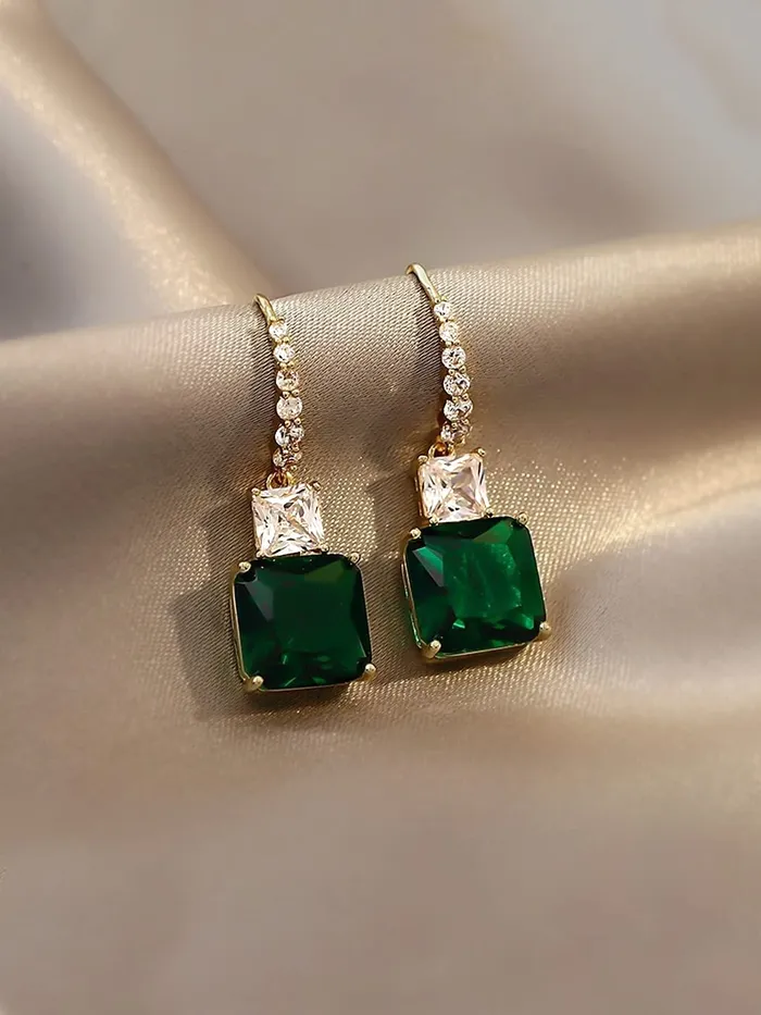 Earrings Yellow Chimes Kairangi Earrings For Women Green Color Crystal Studded Huggie Hoop With Rectangular Drop Earrings For Women and Girls