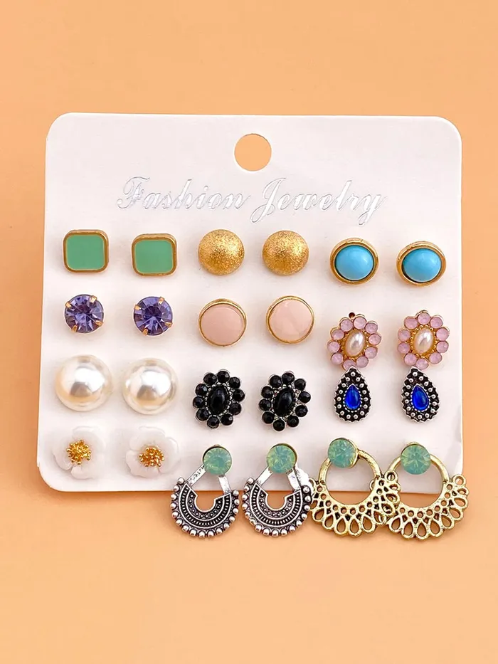 Earrings Yellow Chimes Kairangi Stud Earrings for Women Set of 12 Pairs Multicolor Stones Colourful Combo Stud Earrings For Women and Girls