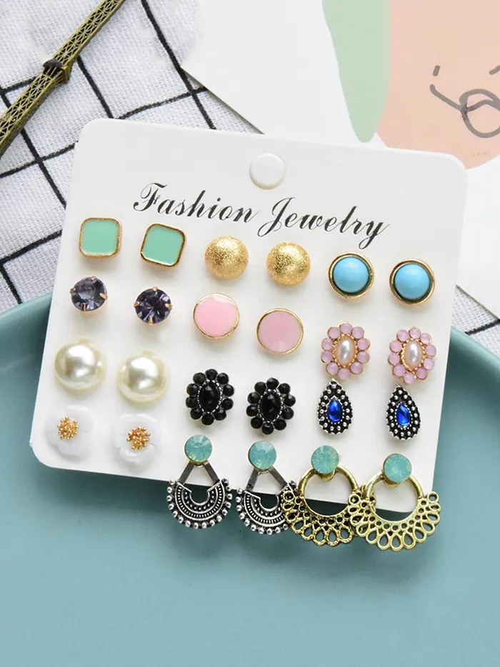 Earrings Yellow Chimes Kairangi Stud Earrings for Women Set of 12 Pairs Multicolor Stones Colourful Combo Stud Earrings For Women and Girls