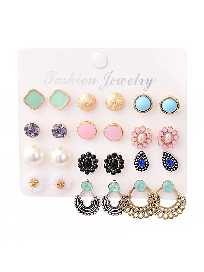Earrings Yellow Chimes Kairangi Stud Earrings for Women Set of 12 Pairs Multicolor Stones Colourful Combo Stud Earrings For Women and Girls