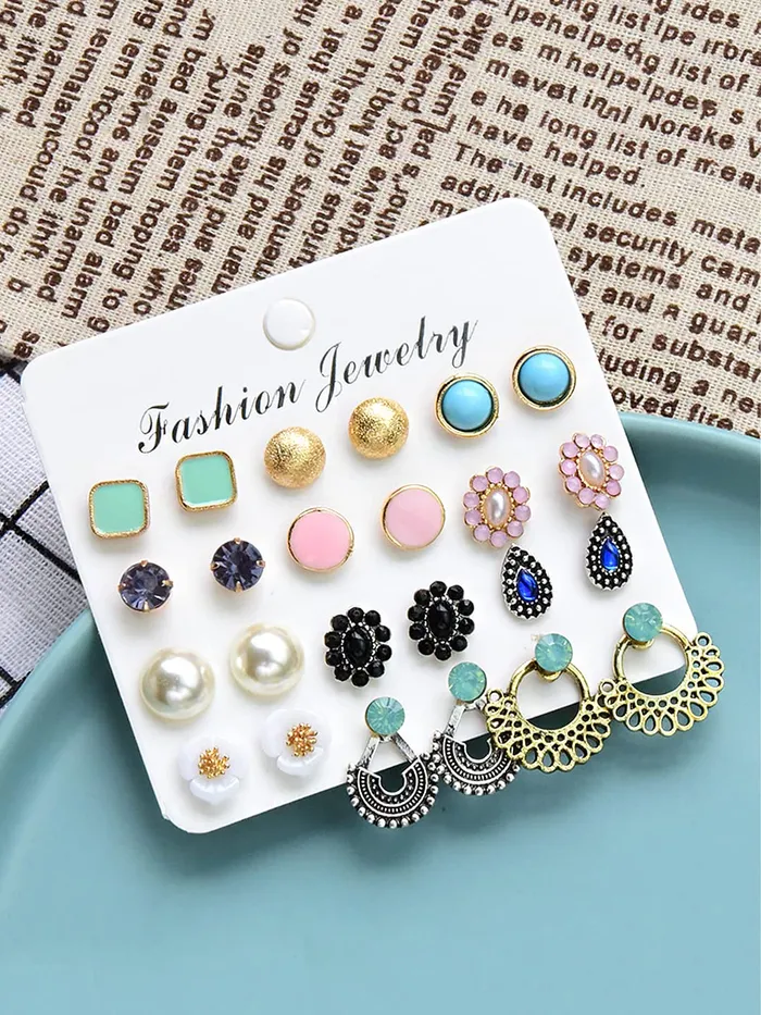 Earrings Yellow Chimes Kairangi Stud Earrings for Women Set of 12 Pairs Multicolor Stones Colourful Combo Stud Earrings For Women and Girls