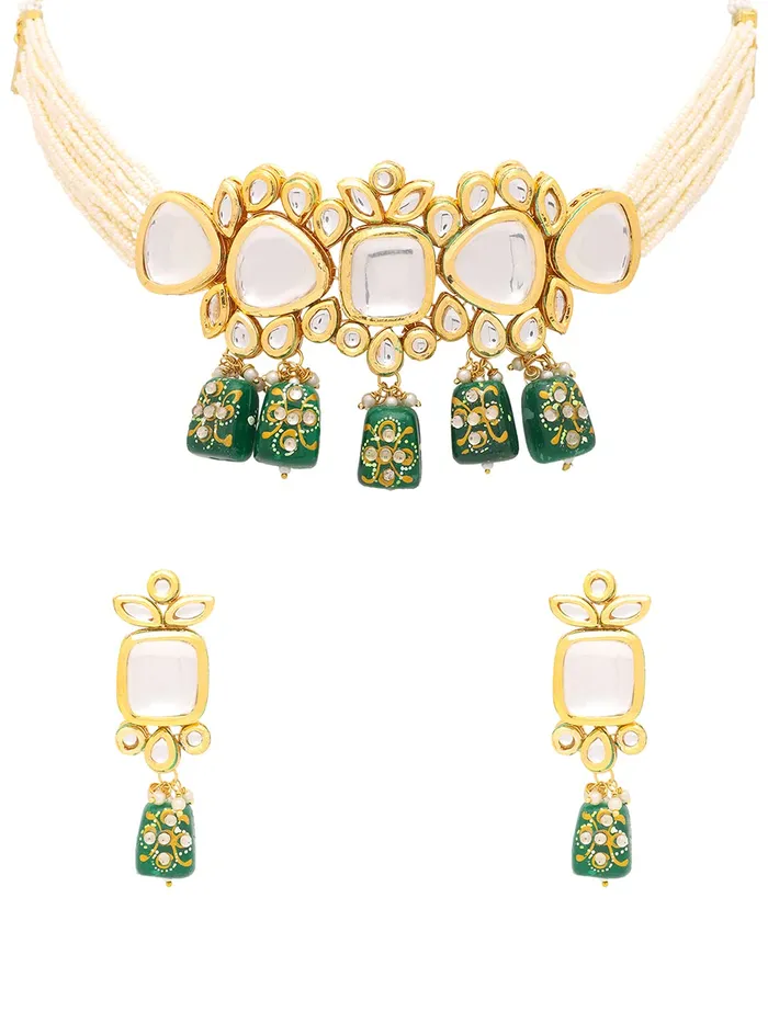 Earrings Yellow Chimes Kundan Jewellery Set for Women Traditional Jewelry Set Gold Plated Ethnic Multilayer Mothi Choker Necklace Set for Women and Girls Yellow Chimes