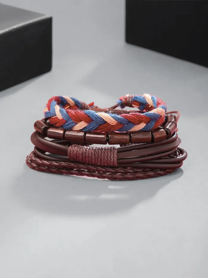 Earrings Yellow Chimes Leather Bracelet for Men 4 Pcs Combo PU Leather Brown Wrap Bracelet for Men and Women Yellow Chimes