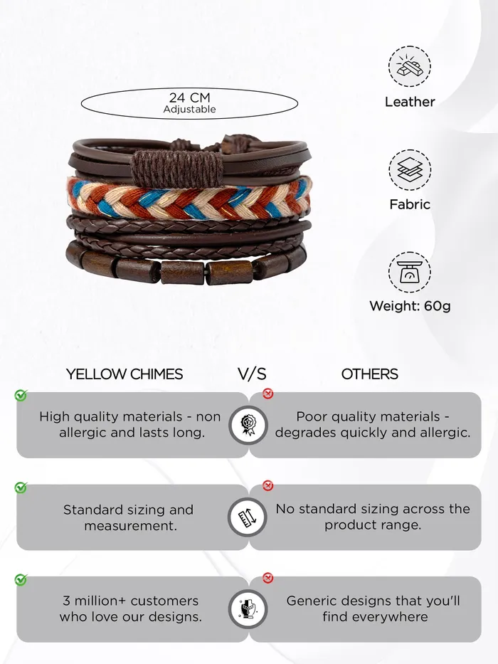 Earrings Yellow Chimes Leather Bracelet for Men 4 Pcs Combo PU Leather Brown Wrap Bracelet for Men and Women Yellow Chimes